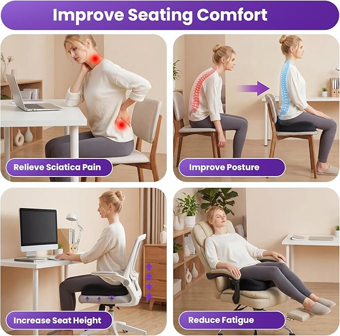 ZZ-WELL Seat Cushions for Office Chairs, Car Seat - Patented Coccyx Cushion for Tailbone Pain - Memory Foam Butt Cushion for Pressure Relief - Carry Handle & Non Slip Bottom (Black)