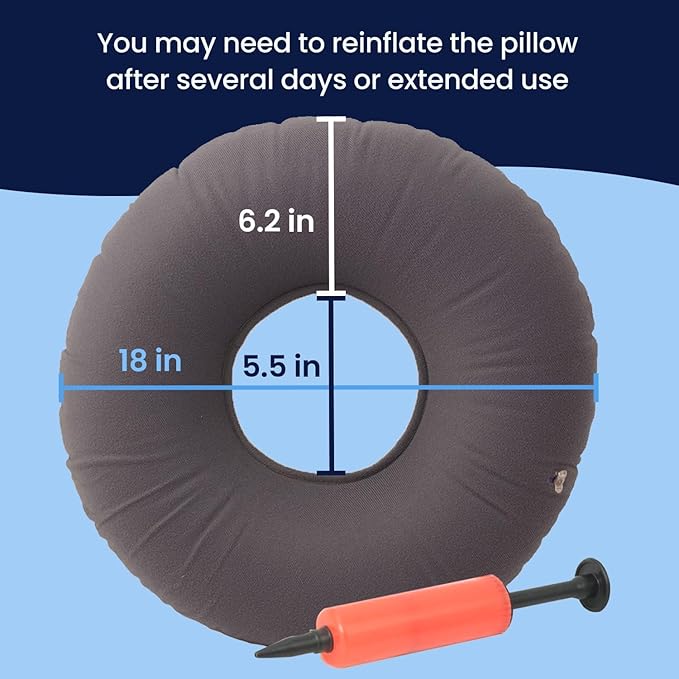 Dr. Frederick’s Original Inflatable Donut Pillow - 18" Seat Cushion for Tailbone Pain, Hemorrhoids & Bed Sores – Doctor-Developed for Postpartum, Prostatitis & Travel - Odor-Free, Durable Vinyl - Gray