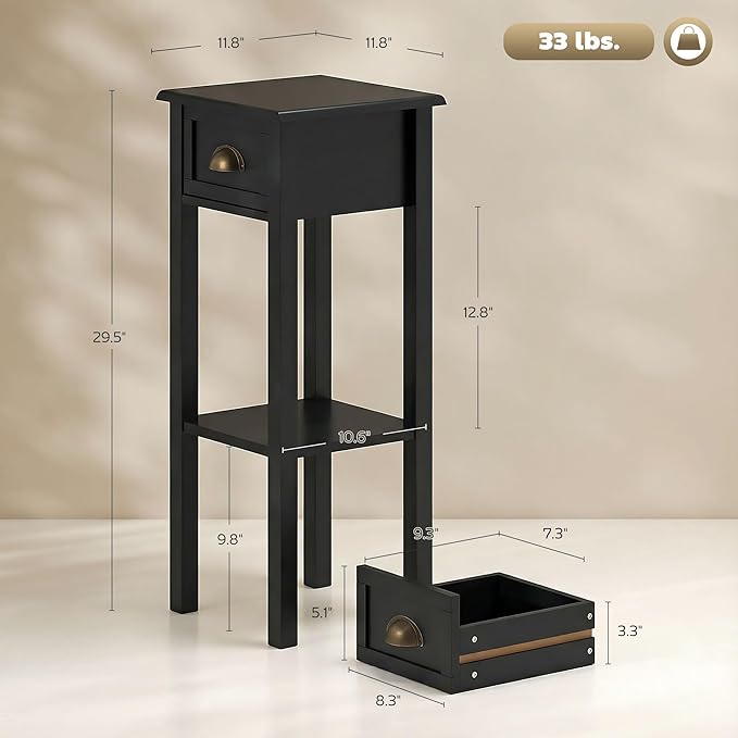 HOMCOM Narrow End Table with Drawer and Bottom Shelf, Slim Side Table for Small Spaces, Skinny Modern Accent Desk for Living Room, Set of 1, Black