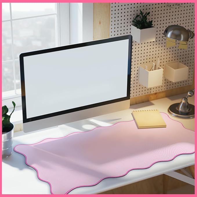 Hahafelt Scalloped Desk Mat Large Desk Pad Cute Coquette Table Mat Aesthetic Preppy Table Make up Pad Nonslip 2026 Graduation Gift with Stitching Waterproof Gaming(Pink,36 x 17 Inches)