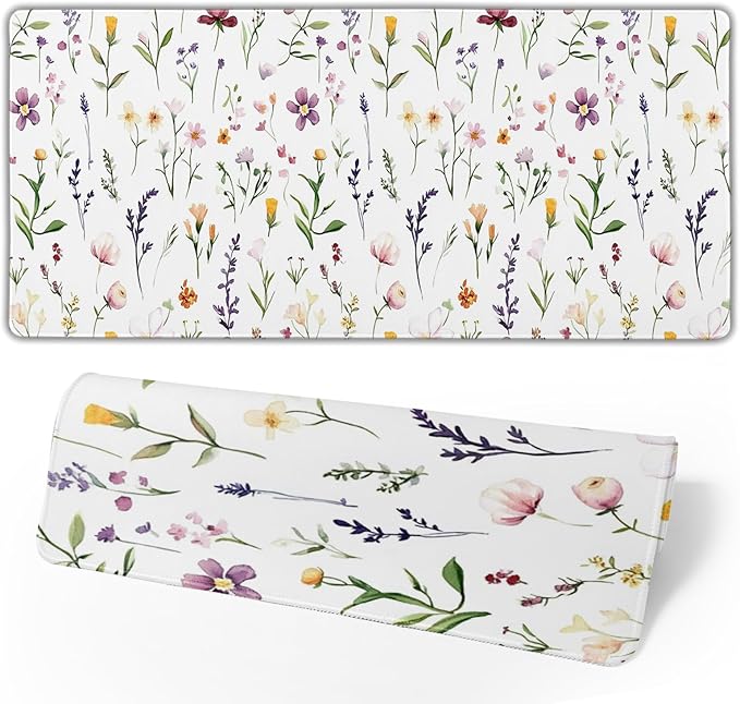 Spring Summer Wildflower Desk Pad Mouse Pad XXL 35.4”x15.7” Large Extended Gaming Mouse Pad with Stitched Edges Non-Slip Rubber Base Mousepad Floral Desk Accessories for Home Laptop Office Work Game