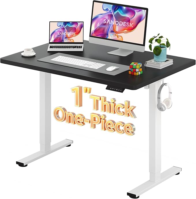 SANODESK Electric Standing Desk 48 x 30 Inches Whole-Piece Desktop Height Adjustable Stand Up Desk w/6-Button Controller Ergonomic Computer Desk for Home Office, White Frame + Black Tabletop