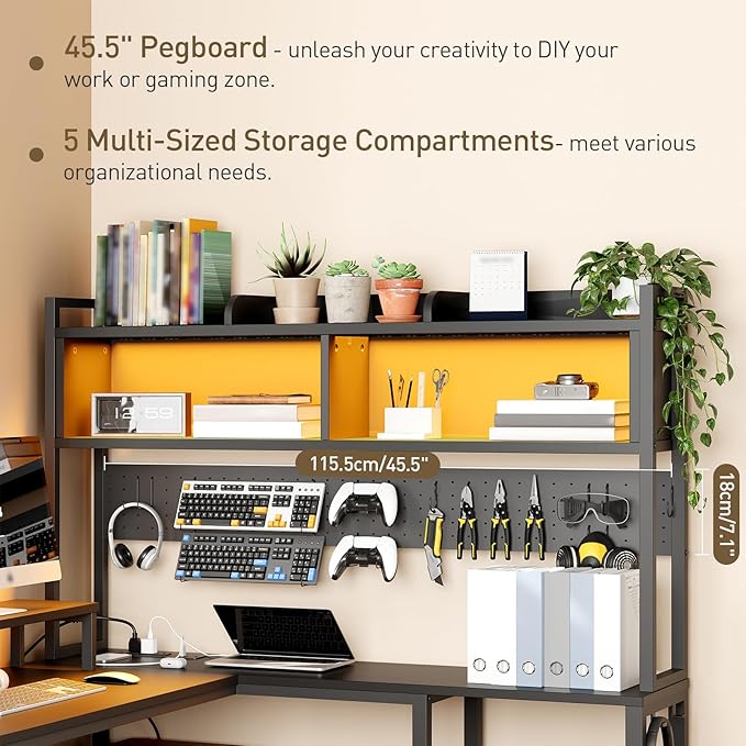 RALGEND 75" L Shaped Gaming Desk with Hutch, L Shaped Desk with Drawers, LED Light, Power Outlets & Pegboard, Corner Desk with Storage Shelves & Monitor Stand for Home Office, Black