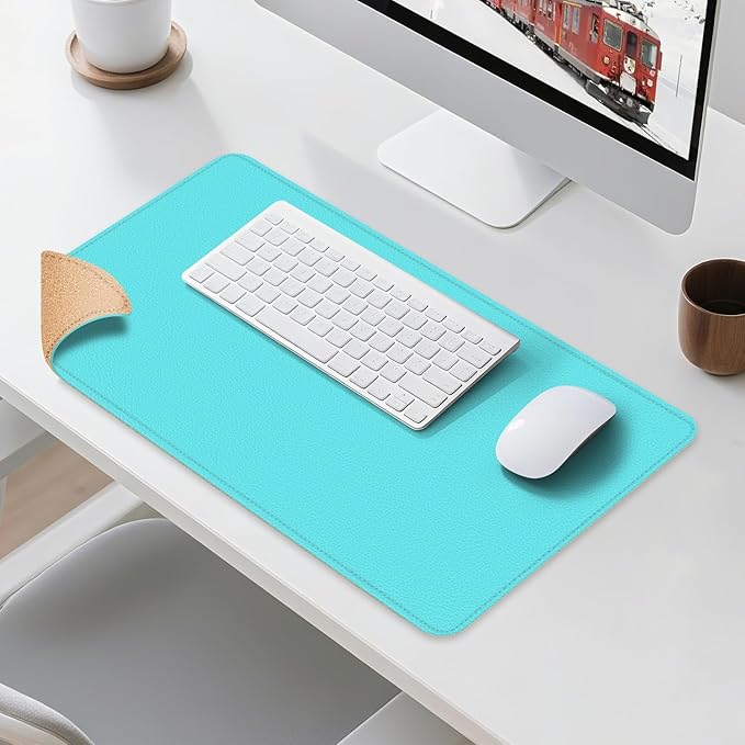 Leather Mouse Pad with Stitched Edge, Waterproof Gaming Mouse Mat for Computers, Laptop, Office & Home (Light Blue, 25"*13")