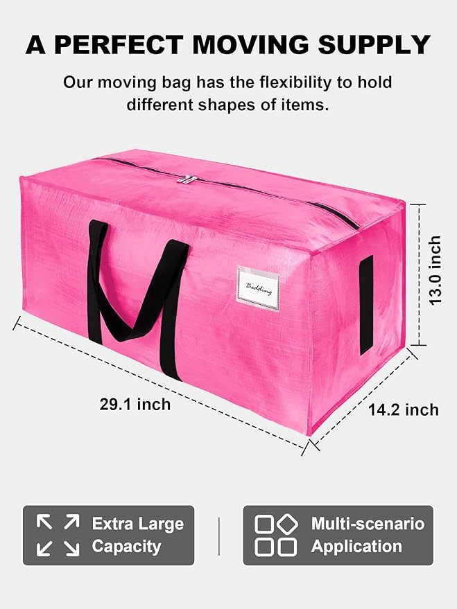 80 Pack Large Strong Moving Bags with Zippers & Carrying Handles - Water-Resistant - Heavy Duty Storage Tote for Space Saving, Fold Flat, Alternative to Moving Box (Pink)