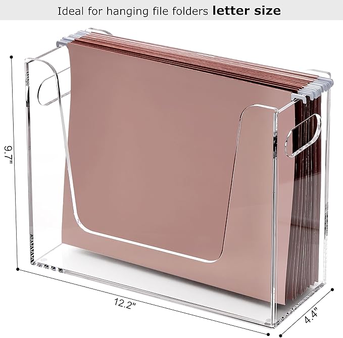 Acrylic Hanging File Organizer, Letter Size Clear File Folder Holder with Handle, Portable Storage Organizer Box for Desk Home Office (No Assembly Required)