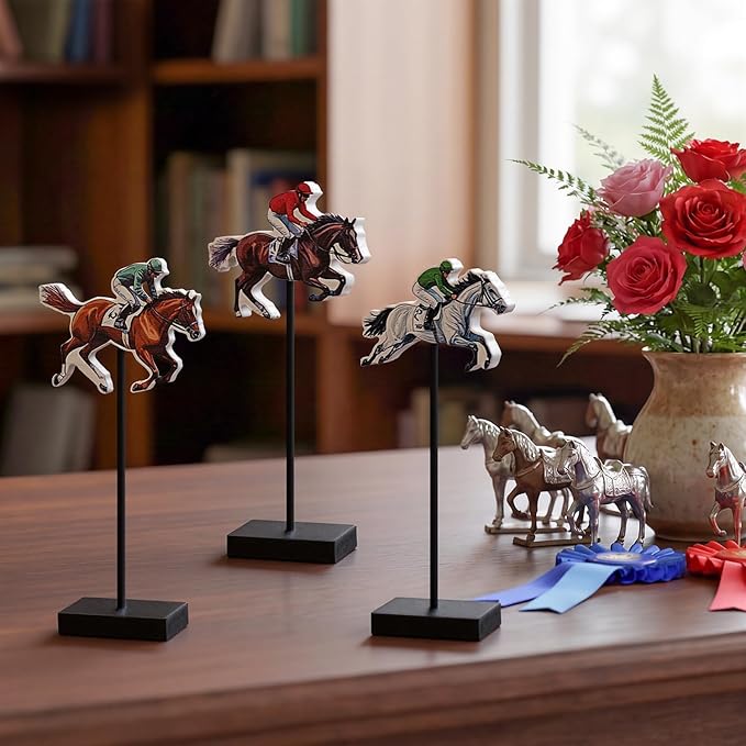 Smile Jockey Wooden Standing Decor Set, 3-Piece Multi-Color Horse Racing Tiered Tray Tabletop Signs with Stands for Horse Racing Party Decorations