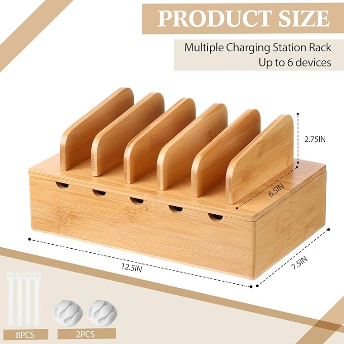 Bamboo Charging Station for Multiple Devices, Cell Phone Docking Charging Station Organizer and Cord Organizer for 10 Devices for Power Strip Storage, Phones and Tablets(Natural Wood Color)