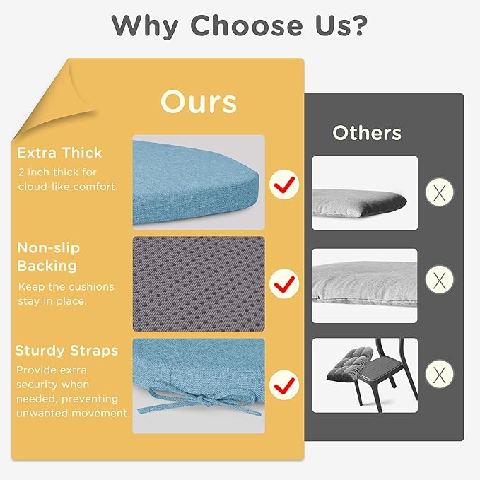 Windsor Chair Cushions for Dining Chairs 1 Pack Non Slip Kitchen Seat Cushion with Ties and Washable Covers Indoor Comfortable Seat Pad with Thick Foam 16.5" x 15.5" x 2" Light Blue