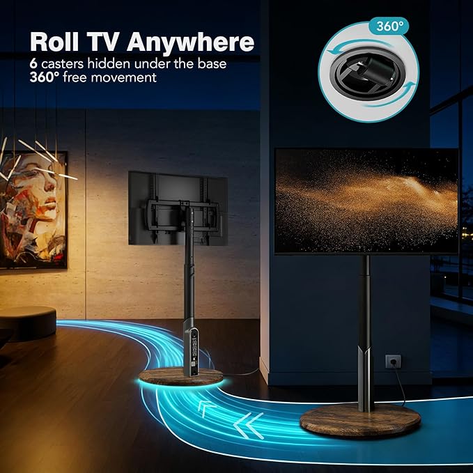 Mobile TV Stand with Power Outlet, Rolling TV Cart for 27-65 Inch OLED LED Monitors, 6 Levels of Height Adjustment, Ambient RGB Lighting on The Bottom Wheels Holds up to 88lbs