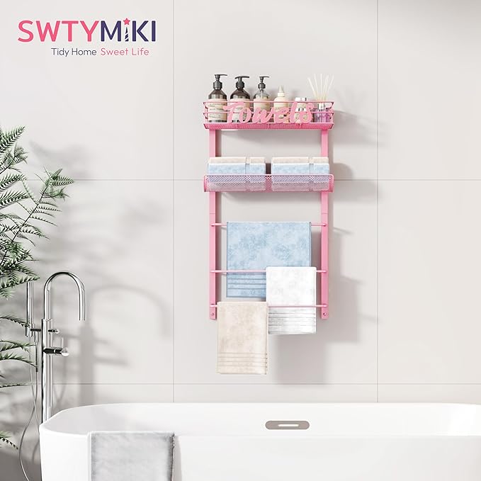 SWTYMIKI SWTYMIKI Over the Door Towel Racks for Bathroom - 5-Tier Wall Mounted Bathroom Towel Storage Organizer Holder with Metal Shelf, Pink