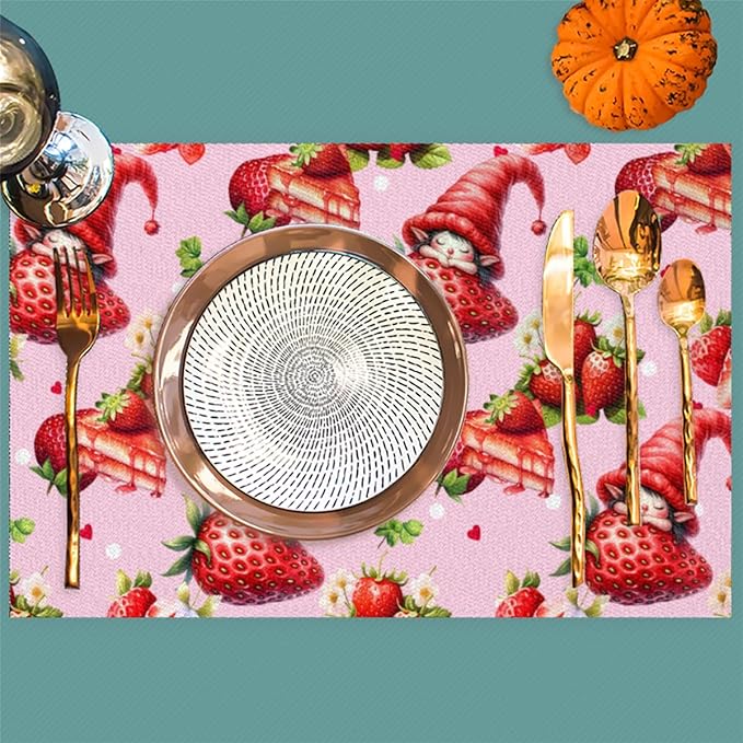 Placemats Set of 4 Heat-Resistant Rectangle Place Mats Strawberry Pink Cute Washable Plastic PVC Dining Table Mat Non-Slip Wipeable Woven Vinyl Placemat for Kitchen Patio Table Decor