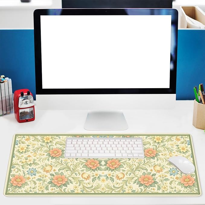 Vintage Floral Mouse Pad Green Botanical Cottage Garden Extended Mousepad Waterproof Stitched Edges Rubber Base Non-Slip Deskmap Computer Keyboard Mat 31.5x11.8 Inch