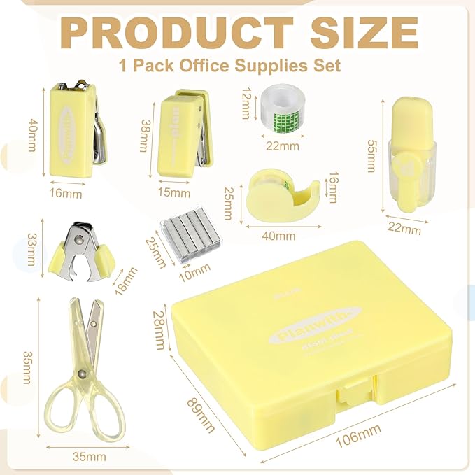 PATIKIL 1 Pack Office Supplies Set, 8pcs Desk Supplies Set Stapler Tape Dispenser Scissors Accessories Kit Mini Office Supply Kit Cute Small for Desk Women Organizer, Yellow