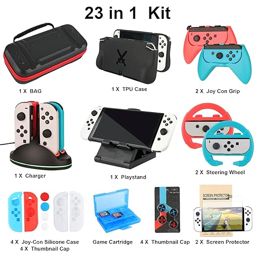 Accessories Bundle for Nintendo Switch OLED Model: Super Kit with Carrying Case, Screen Protector, Steering Wheels, Joycon Grips, Charging Dock, Playstand, Protective case and More (23 in 1)