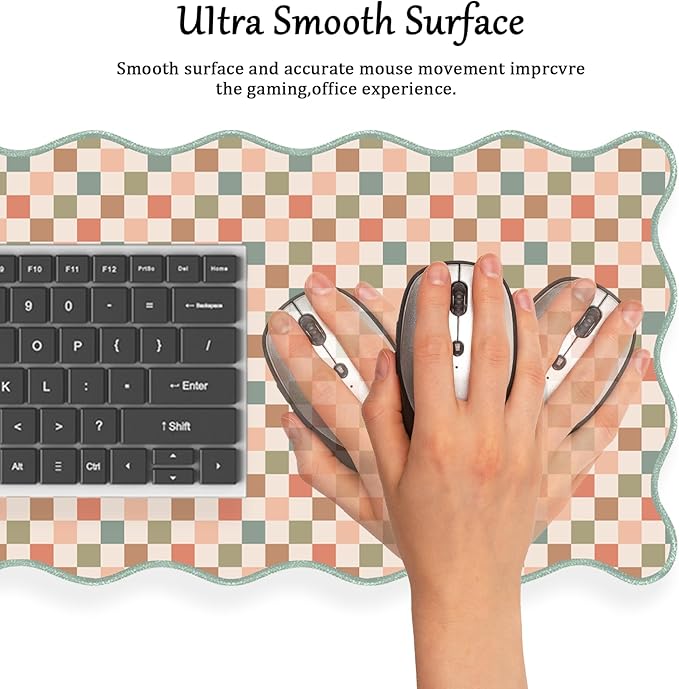 Scalloped Desk Mat Extended Large Cute Mouse Pad XXL Aesthetic Desk Pad Boho Plaid Mousepad Retro Beige Checkered Mouse Pad for Keyboard Computer Stitched Edges Non-Slip Home Office 31.5X15.7Inch