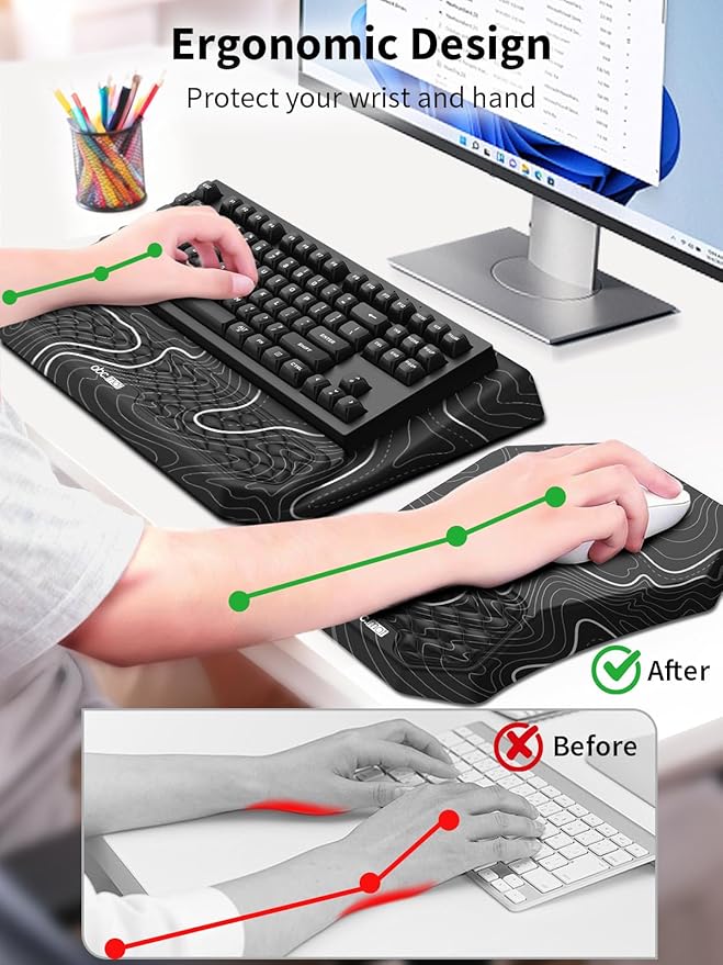 3-in-1 Ergonomic Keyboard Stand with Wrist Rest & Mouse Pad Set, Comfy Keyboard Riser Holder Soft Mousepad with Massage Design, Memory Foam and Non-Slip PU Base for Pain Relief, Topographic