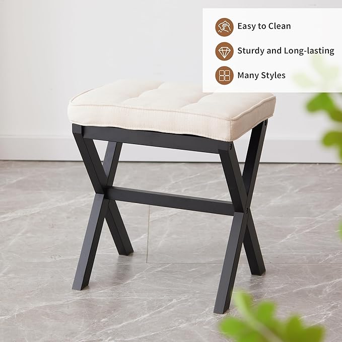 Foot Stool Small Ottoman Foot Rest Padded Foot Stool Desk for Under Office Desk Vanity Stool Bamboo Footstool Sofa Footrest Shoe Stool Small (Black Legs + Beige)