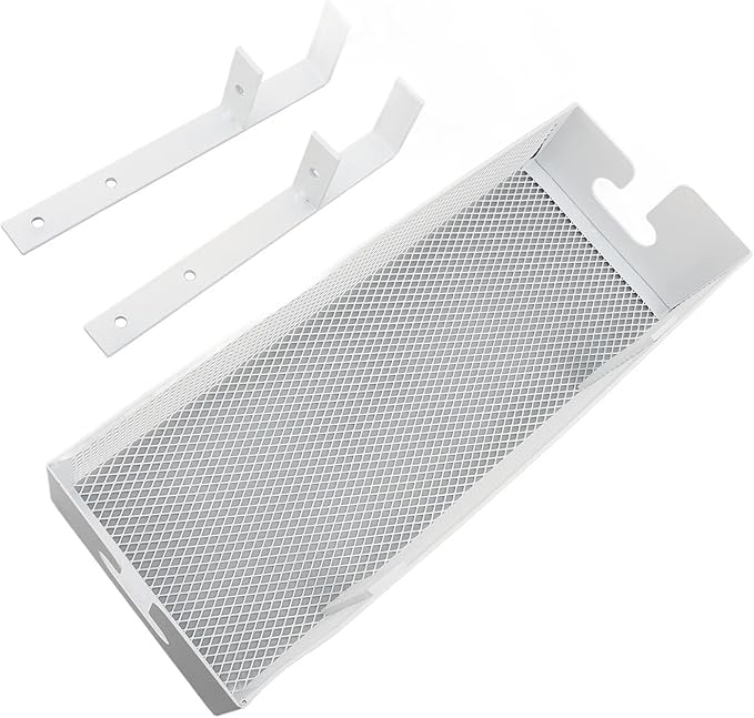 Under Desk Cable Management Tray | Mesh Cord Box with Clamp Mount | No Drill Desk Organizer for Office/Home | Carbon Steel 13.4x5in White
