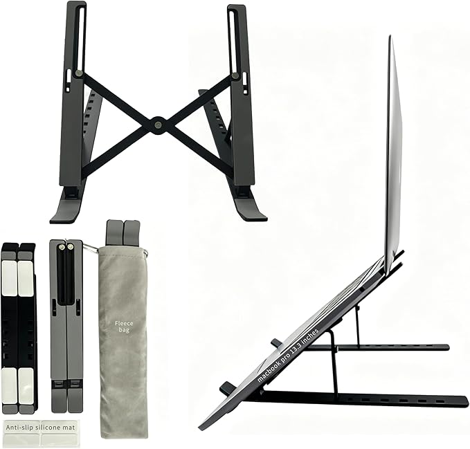 Desktop Laptop Stand, iPad Stand, Aluminum Alloy, Portable Foldable, 7Level Adjustable, Ergonomic, Suitable for Laptops Up to 18 Inches,Easily Put in Bag & use anywhere (1, Full silicone Black)