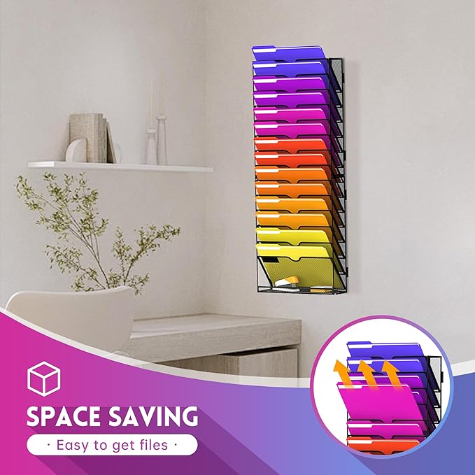 15-Tier Wall File Organizer, Wall File Holder Mesh Mail Organizer for Papers, Folders, Letters, Magazine Rack for Office Home Classroom, Black 2 Pack