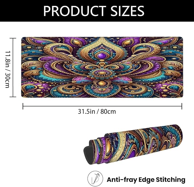 Large Mouse Pad Ethnic Boho Purplw Non-Slip Rubber Long Gaming Desk Mat Big Computer Keyboard Mousepad Waterproof Protector Wristing Pad for Gaming Office Home Decorative 31.5 X 11.8 Inch