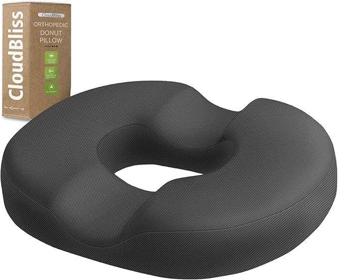 CloudBliss Donut Pillow Seat Cushion Chair Pad for Tailbone Pain Relief and Hemorrhoids, Memory Foam Seat Chair Cushion for Men and Women for Home & Office, (Grey-2XL)