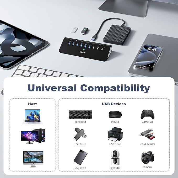 Powered USB Hub 10Gbps, intpw YH6AC 9-Port USB HUB with USB A/USB C 3.2, 4 USB 3.0, 2 PD 45W Charging Port, 65W Power Adapter + 4.92FT Cable, Aluminum USB Hub for Laptop, PC,iPhone 17/16
