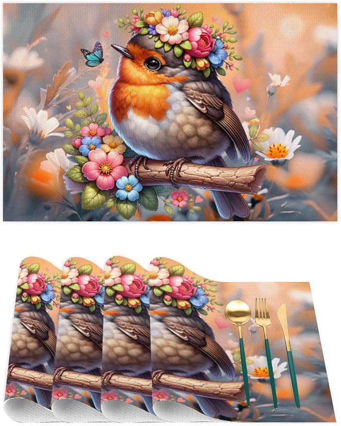 Placemats Set of 4 Heat-Resistant Rectangle Place Mats Robin Bird Cute Washable Plastic PVC Dining Table Mat Non-Slip Wipeable Woven Vinyl Placemat for Kitchen Patio Table Decor