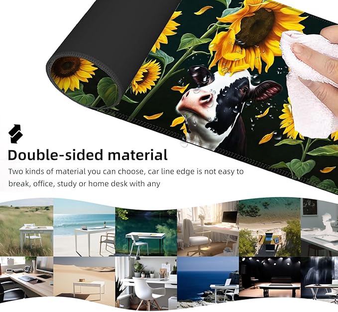 Ergonomic Mouse Pad Set with Wrist Support for Keyboard and Wrist Rest for Mouse, Memory Foam Comfort, Non-Slip Large Desk Mat for Home Office Pain Relief,Cute Sunflower Cow