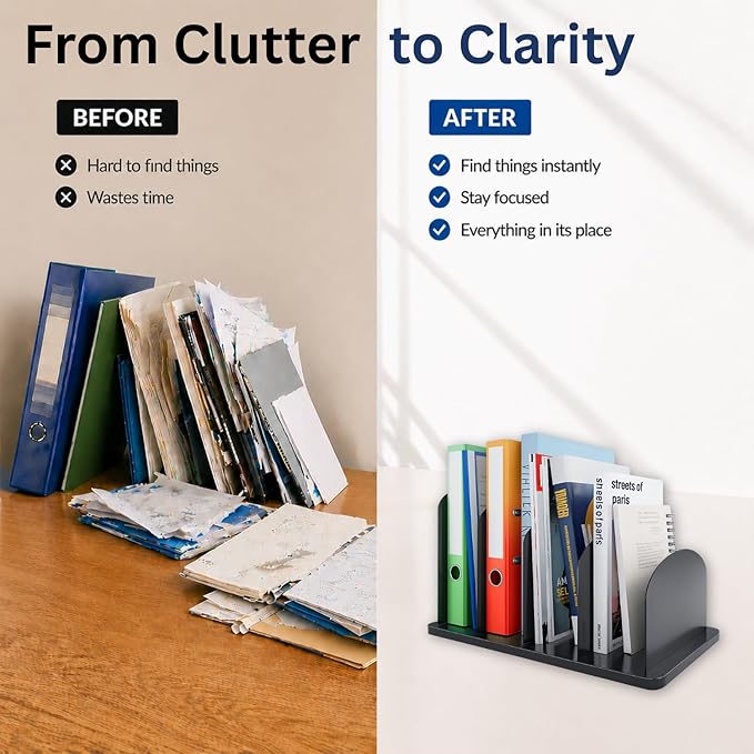 CraftSaints Vertical Desk File Organizer, 4 Sections, Solid Metal Dividers, Modern Minimalist Design Desk Top File Holder for Home, Office & Classroom