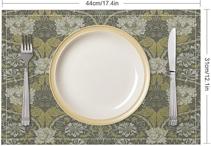 William Morris Floral Placemats Vintage Flower Art Style Boho Chic Retro Floral Linen Washable Table Mats Stain Heat-Resistant Desktop Decor Place Mats for Home Kitchen Dining Party 12x18 in 6 Pcs