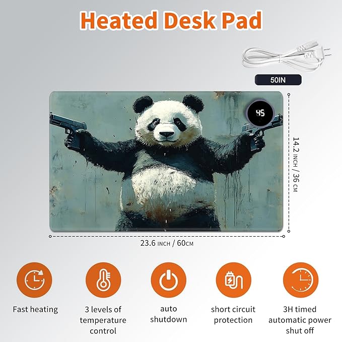 Heated Mouse Pad,Warm Desk Pad with 3 Levels Heating & 3 Hours Auto Shut-Off, PU Leather Heated Desk Pad Warmer Pad for Home Office - 23.6 x 14.2 inch,Panda