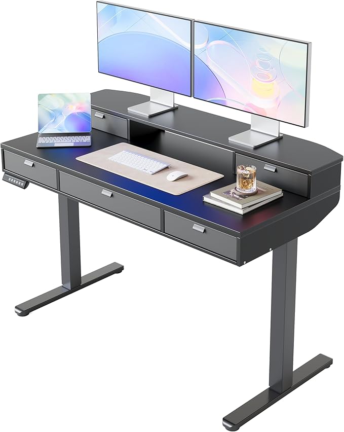 HUANUO 48 X 24 inch Electric Standing Desk with 4 Drawers, Adjustable Height Sit Stand Home Office Desk, C-Clamp Mount Compatible, Ergonomic Stand up Desk with 4 Preset Heights, Black