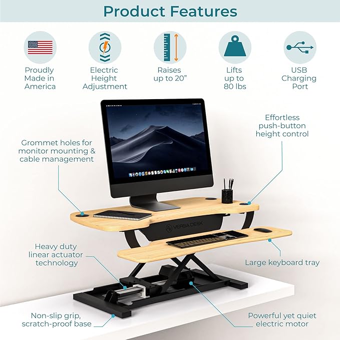 VERSADESK PowerPro 36 Inch Electric Standing Desk Converter – Push-Button Height Adjustable Sit to Stand Desk Riser for Dual Monitors & Laptop – Motorized Desktop Workstation with Wide Keyboard Tray