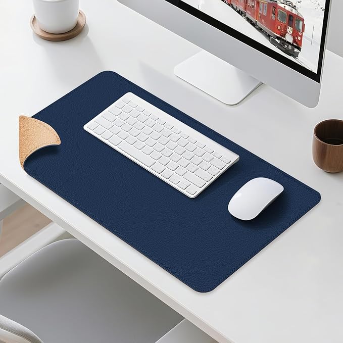 Leather Mouse Pad with Stitched Edge, Waterproof Gaming Mouse Mat for Computers, Laptop, Office & Home (Dark Blue, 33"*13")