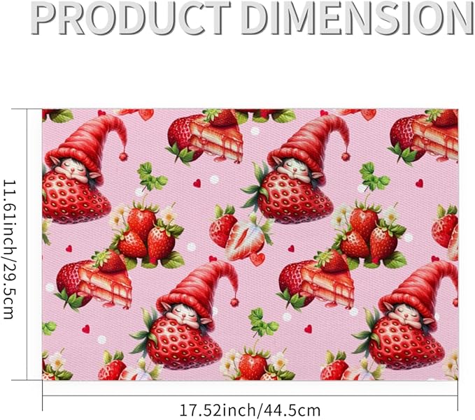 Placemats Set of 4 Heat-Resistant Rectangle Place Mats Strawberry Pink Cute Washable Plastic PVC Dining Table Mat Non-Slip Wipeable Woven Vinyl Placemat for Kitchen Patio Table Decor