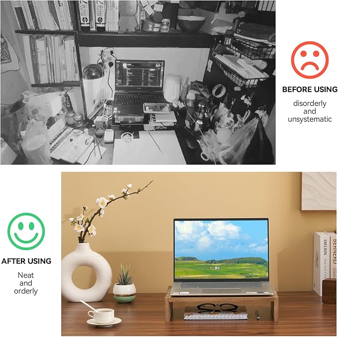 KIRIGEN Wooden Monitor Stand Riser, Solid Wood Desk Shelf for Computer, Laptop, Small TV or Printer, Fully Assembled Desktop Organizer with Storage Space for Home Office, PMJ39-DBR