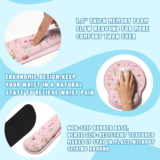Pink Collage Desk Mat Set Coquette Floral Cute Aesthetic Large Mouse Pad with Wrist Rest 4in1 Desk Mat for Desktop Ergonomic Computer Desk Arm Wrist Anti-Slip Computer Mouse Pad Home Office Gaming