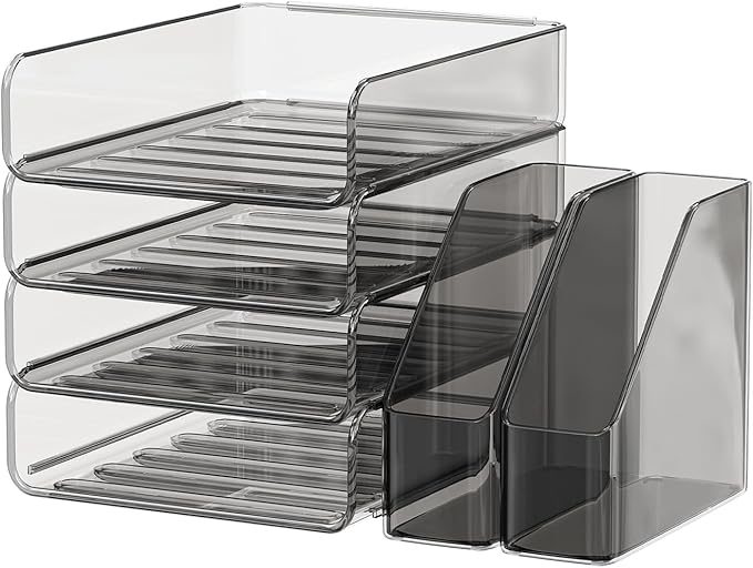 FANXIYQ 4-Tier Acrylic Paper Tray Organizer with Bookends | Clear Stackable Desk Organizer for Documents, Letters, A4 Paper | Modern Office/Classroom/Home Organization,Brown