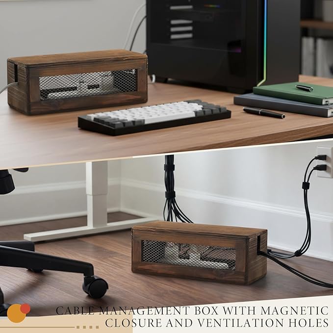Chunful Extra Large Cable Management Box, 16'' Wood Cord Hider Organizer with Ventilation Nets & Organizer for Power Strip, TV Wires & Desk Cable Storage, Magnetic Lid Hide Floor Cables