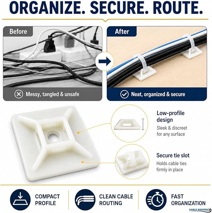 Kable Kontrol Zip Tie Mounts, 1” Sq, Natural White, 100 Pcs, Adhesive Backed Multi-Purpose Mounting Squares Nylon Cable Tie Wrap Anchor Pads for Cable Management
