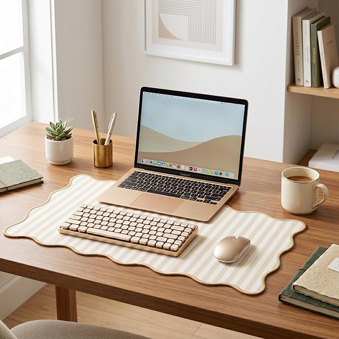 Scalloped Desk Mat Extended Large Cute Striped Mouse Pad Big Desk Pad XXL Aesthetic Stripe Mousepad Gaming Mouse Pad for Keyboard Computer Laptop Home Office Accessories 31.5X15.7Inches Beige