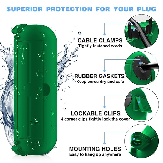 Flemoon [3 Pack] Outdoor Extension Cord Safety Cover, IPX4 Weatherproof Electrical Box to Protect Outdoor Outlet, Plug, Socket, Halloween, Christmas Holiday Decoration Light, Green