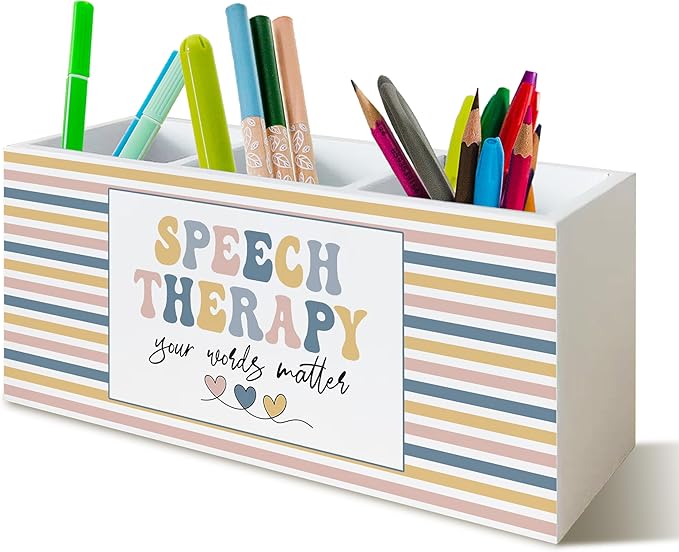 Speech Therapy Gifts Pen Pencil Holder Organizer for Desk, Speech Language Pathologist Gifts, Boho Colorful SLP Mental Health Wooden Box Block Sign for Home Office Tabletop Decor