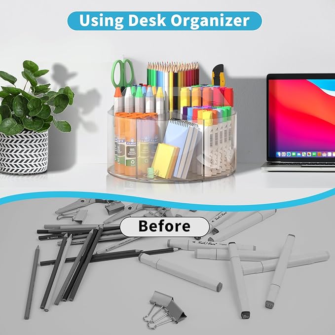 Acrylic Desk Organizer Clear Pen Holder 2 Packs, 360 Degree Pencil Holder for Desk Kids, Rotating Lazy Susan Organizer for School Supplies, Marker Holder Art Supply Storage Organizer with Dividers