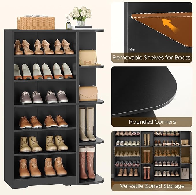 YATINEY Tall Shoe Rack, Multifunctional Shoe Cabinet with Open Storage, Entryway Shoe Organizer for Closet, 7-Tier Wooden Shoe Storage Closet with Adjustable Shelves, Black SC02BK