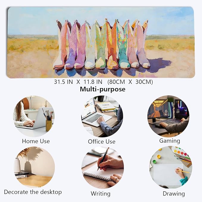 Cowboy Cowgirl Boots Western Mouse Pad,Vintage Western Desk Accessories,Cute Boho Country Aesthetic Desk Mat for Home Office Dorm Desktop Decor,Girly Mousepad,31.5x11.8 Inch