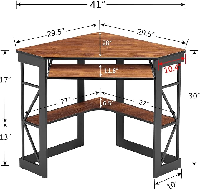 VECELO Corner Desk Computer Desk Writing Table with Smooth Keyboard Tray&Storage Shelves for Small Spaces/Compact Home Office Triangle Table,Teak Brown