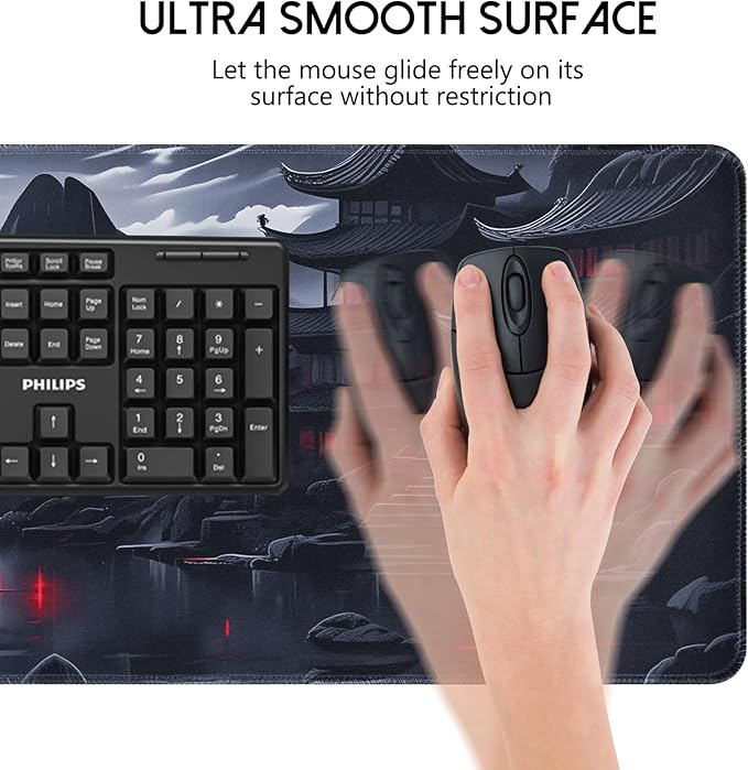 FreeNook Large Gaming Mouse Pad, Anime Black Mousepad with Stitched Edges, Expanded Cool Desk Mat, Japanese Red Moon XL Keyboard Mat Suitable for Home Office,47.2 x 23.6 Inch